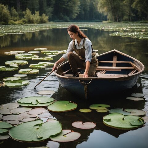 A person removes lily pads from a pond with a boat.