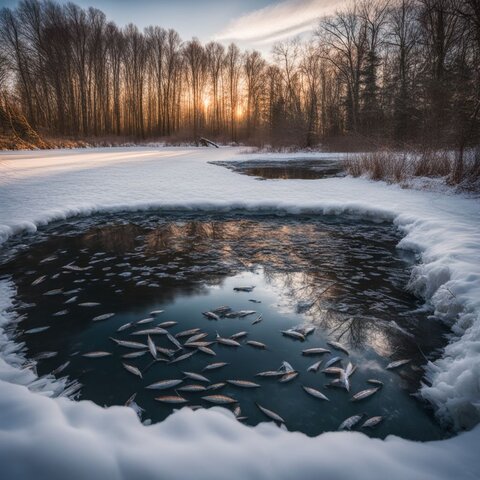 A frozen pond with trapped fish and blocked gas exchange.