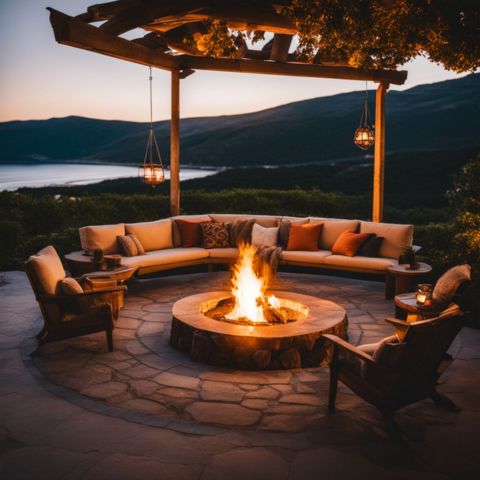 A cozy outdoor seating area with a wood burning fire pit.
