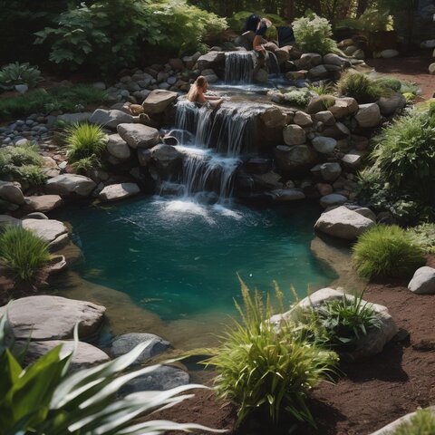 A person creating a backyard waterfall pond with rocks and tubing.