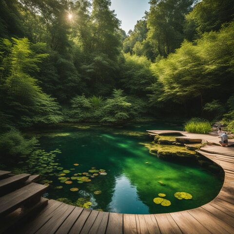 A natural swimming pond with lush greenery and diverse people.