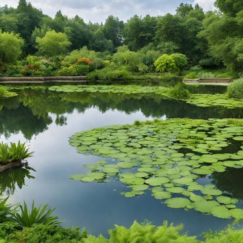 A pond with lily pads and lush green background.