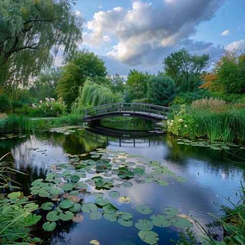 A serene blue pond nestled in lush greenery.