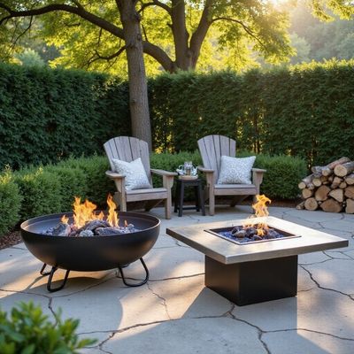 A cozy backyard features three distinct fire pits on a stone patio