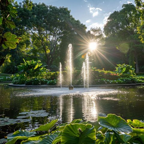 A pond fountain surrounded by diverse plant life in full bloom.