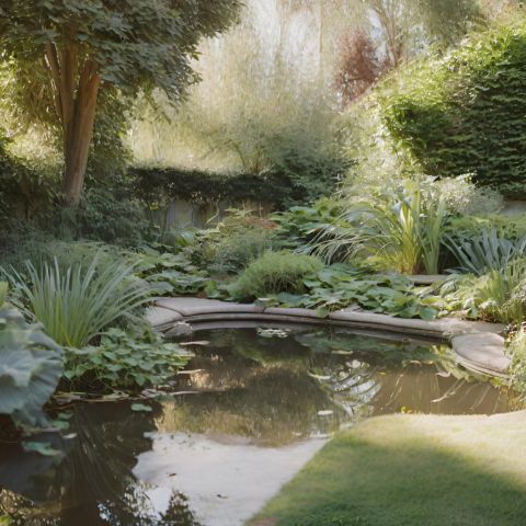 A serene backyard fishing pond with lush vegetation with fish swimming.