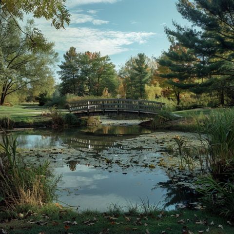 A serene pond surrounded by lush greenery.