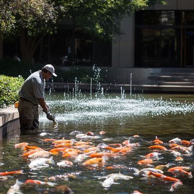 A man doing maintenance at a convention center pond on a sunny day