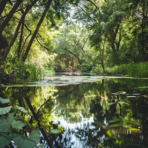 Lush green plants by a garden pond.