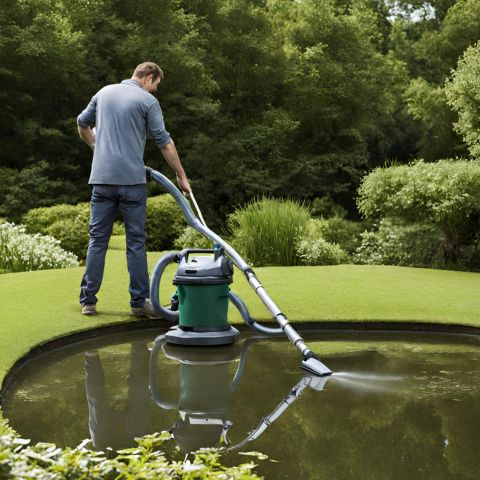 A pond being cleaned by a man with a pond vacuum.