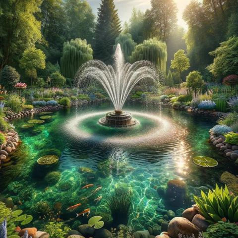 A beautiful pond with a decorative pond fountain in the middle.