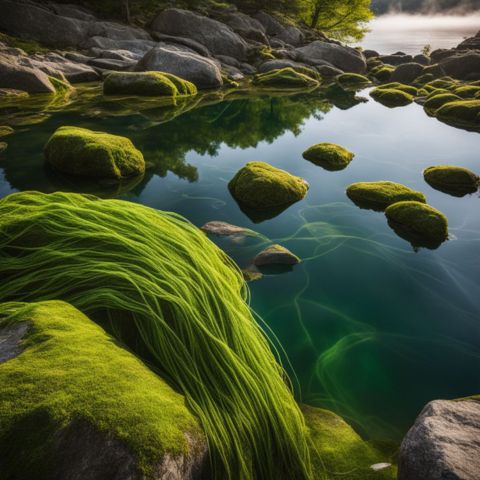 A photo of tangled green string algae covering rocks and pond decorations.
