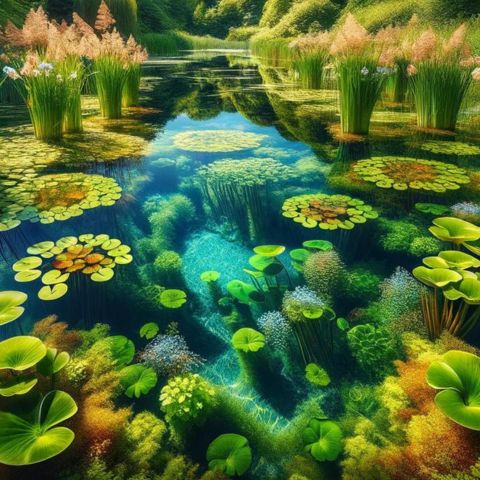 A clean pond with healthy aquatic plants in nature photography.