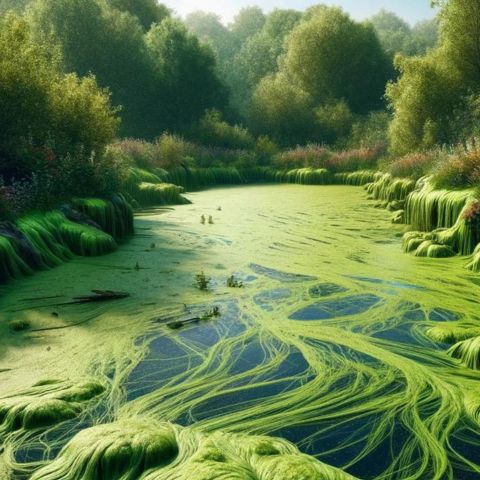 A pond covered in thick mats of string algae, reducing sunlight and oxygen levels.