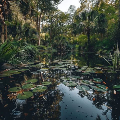 A garden pond surrounded by lush greenery.