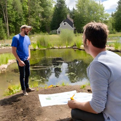 A team of pond builders and designers discussing plans at a construction site.