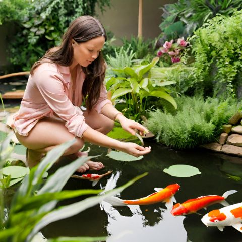 A woman examining a healthy koi pond surrounded by lush greenery.