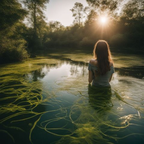 A picturesque pond filled with thriving string algae captured in stunning detail.