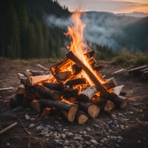 A well-organized stack of firewood with flames on top.