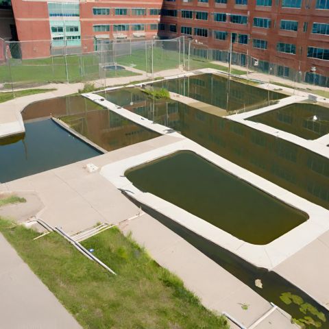 A detention pond in an urban setting with a bustling atmosphere.