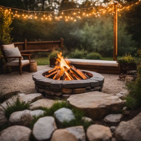 A rustic DIY fire pit surrounded by stacked stones in a backyard.