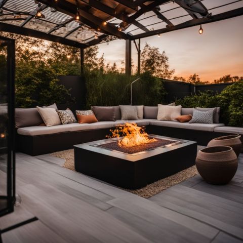 A DIY metal and glass fire pit in a modern outdoor patio.