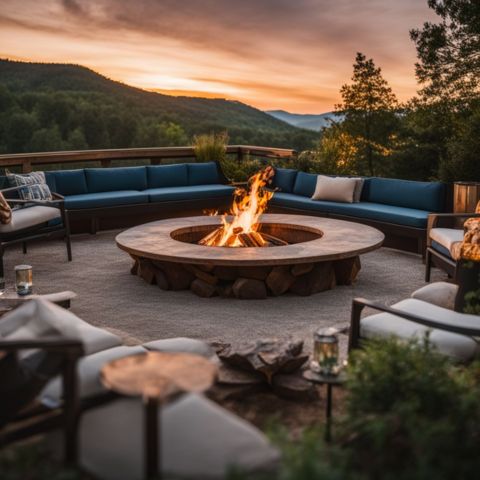A completed DIY fire pit surrounded by outdoor seating in a mountain atmosphere.