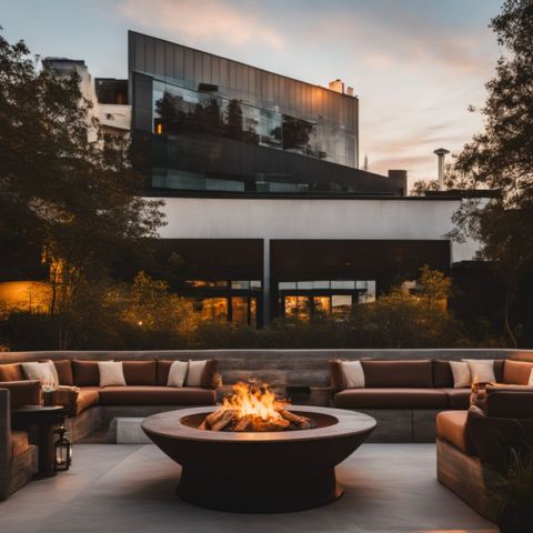 A well-ventilated outdoor seating area surrounding a fire pit.