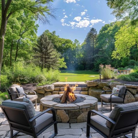 Chairs sitting around a fire pit and a lush green background.