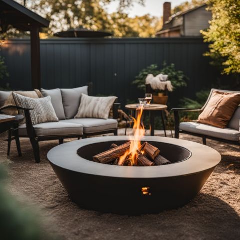 A fire pit in a backyard with patio furniture in the background.