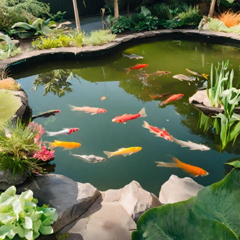 A tranquil pond with a variety of healthy fish swimming.