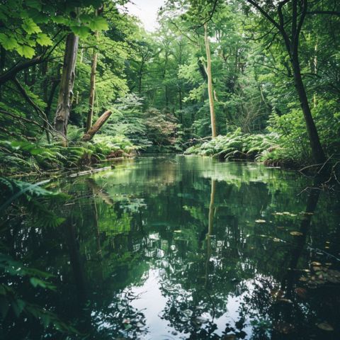 A serene pond nestled in lush green surroundings.