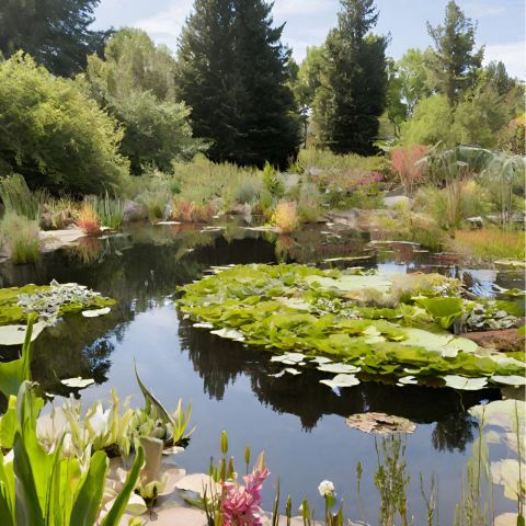 A serene pond with lily pads and diverse individuals enjoying nature.