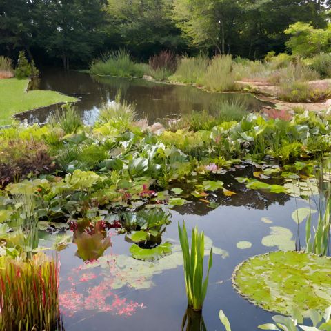 A scenic pond with diverse aquatic plants and surrounding vegetation.