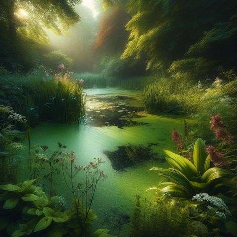 A beautiful pond full of algae and surrounded by vegetation.