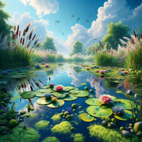 A beautiful pond full of aquatic plants.