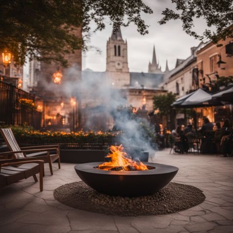 A fire pit surrounded by cozy outdoor seating area in a cityscape.
