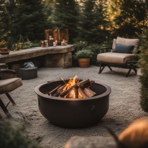 A well-equipped fire pit surrounded by outdoor garden.