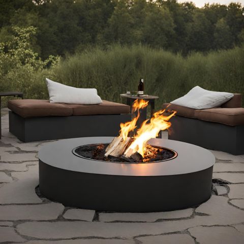 A round sleek smokeless fire pit on a patio surrounded by patio furniture.