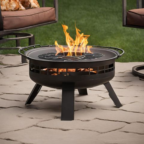 A round smokeless fire pit with flames and a cooking grate.