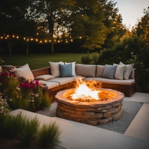A well-maintained fire pit covered with a protective screen in a backyard garden.
