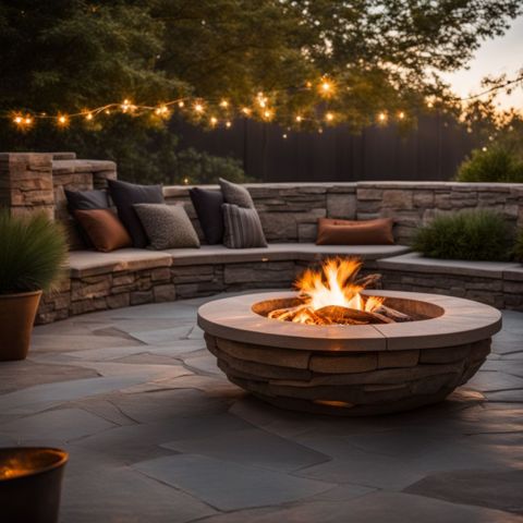 A clean, stone fire pit surrounded by a tidy outdoor seating area.