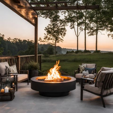 A round fire pit with flames sitting on a patio with chairs around it.