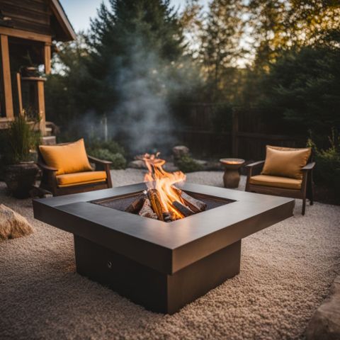 A well-maintained backyard with a sparkling clean fire pit.