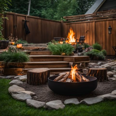 A well-maintained fire pit in a backyard garden with arranged logs.