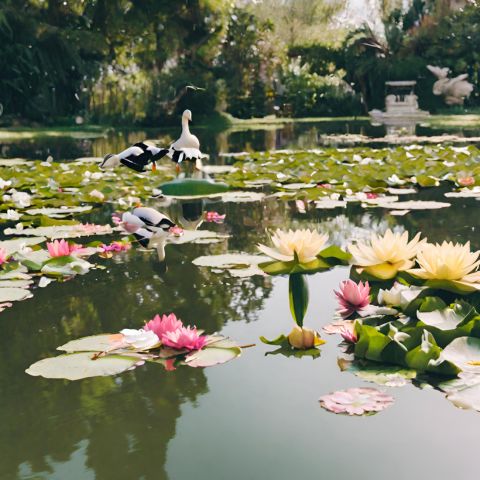 A peaceful pond with vibrant lily pads and lotus flowers.