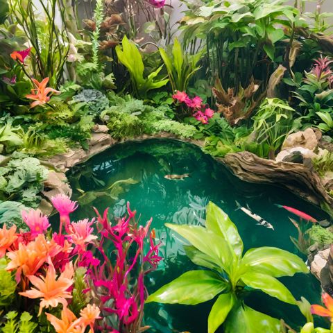 A vibrant lush underwater garden surrounded by clear pond water.