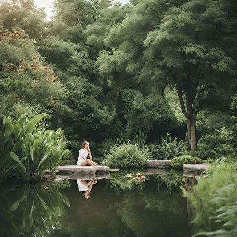 A woman sitting by a maintained pond surrounded by lush greenery.
