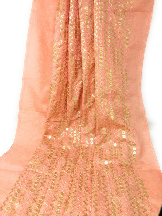 Sequins Embroidery On Peach Silk Fabric In Geometric Pattern  