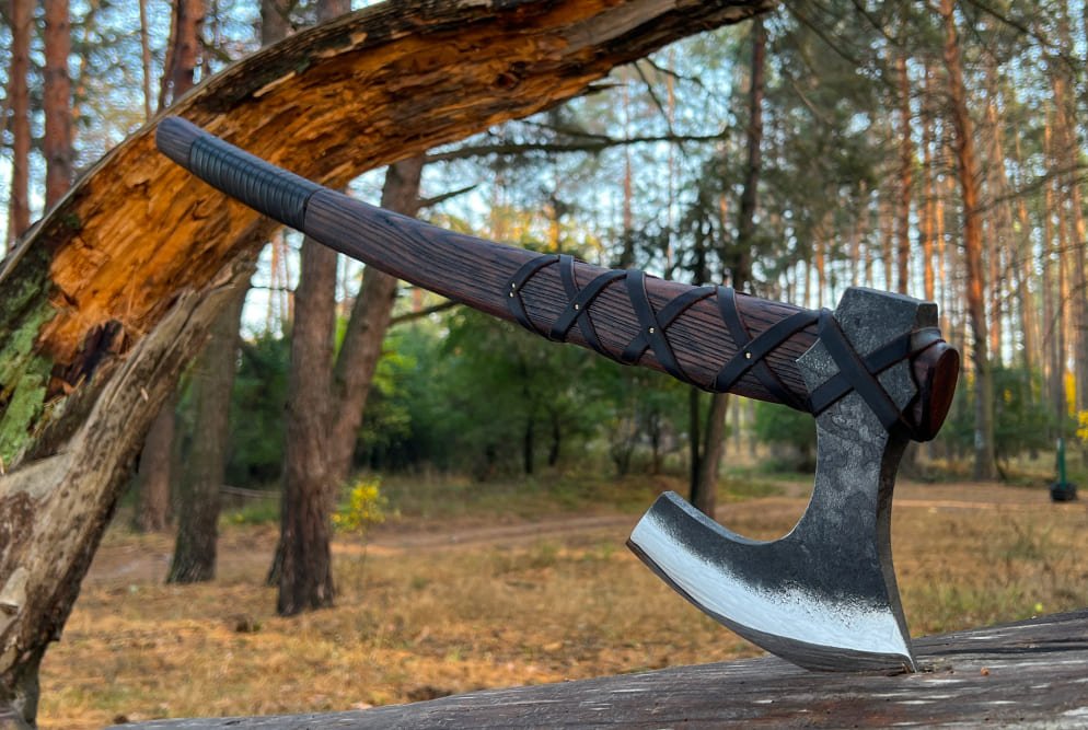 Hand-forged Leviathan axe with hardened head and carved handle Tyr